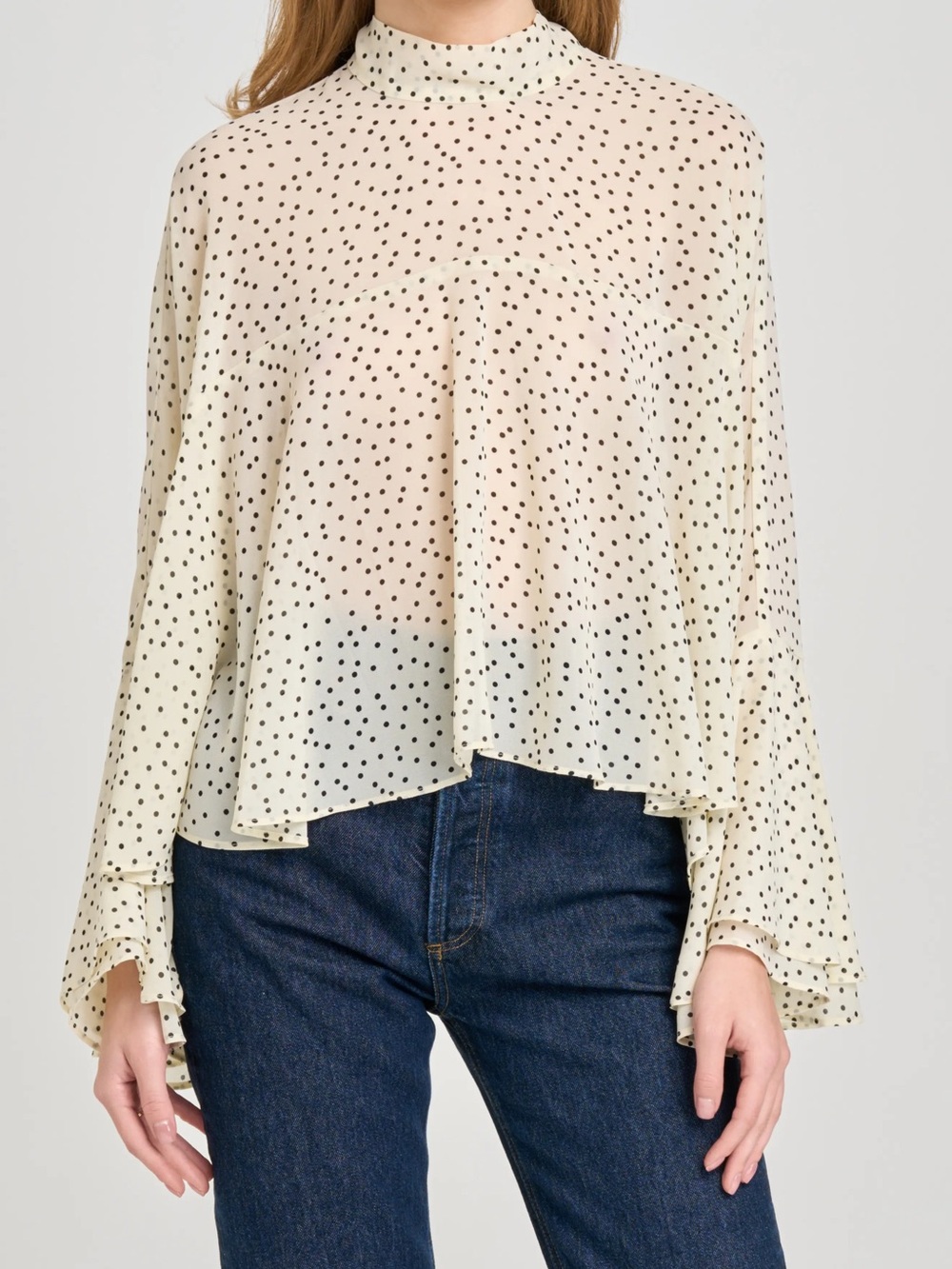 WAYF Cream Polka Dot Long-Sleeve Blouse
